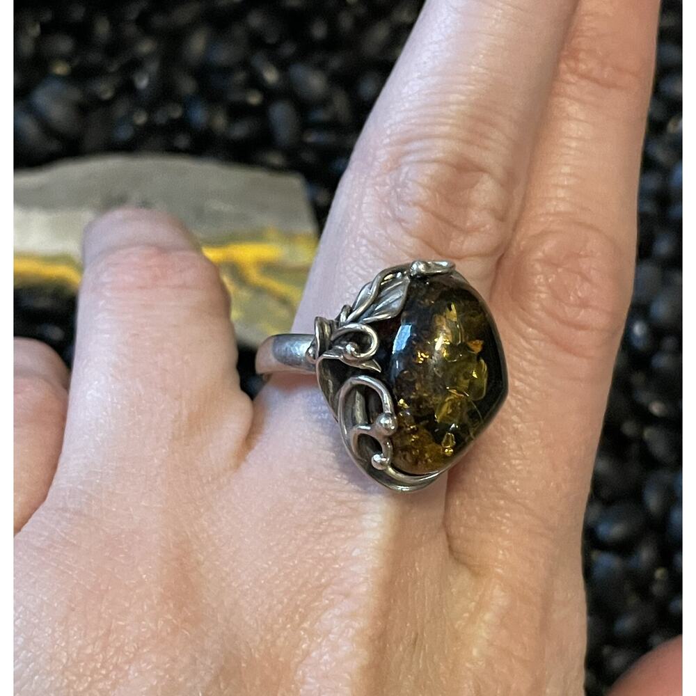 Sterling Silver Baltic Sea Honey Amber Ring~Scroll Accented Size 11 - Picture 2 of 9